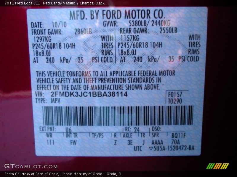 2011 Edge SEL Red Candy Metallic Color Code U6
