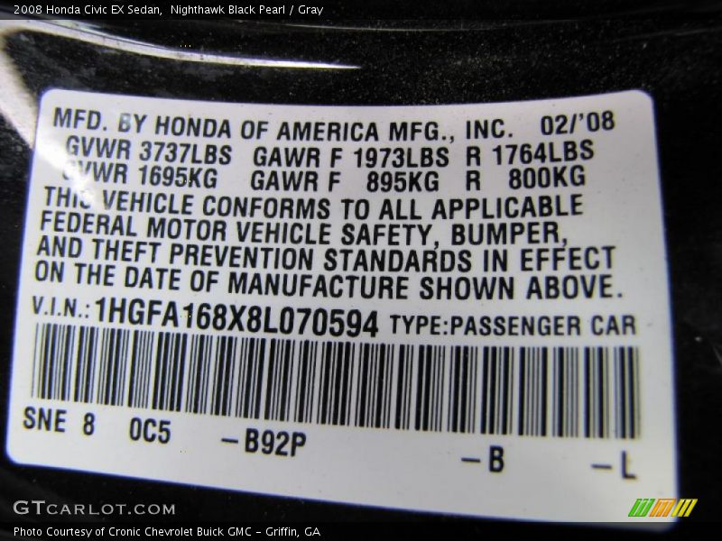 Nighthawk Black Pearl / Gray 2008 Honda Civic EX Sedan