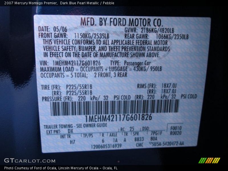 2007 Montego Premier Dark Blue Pearl Metallic Color Code DX
