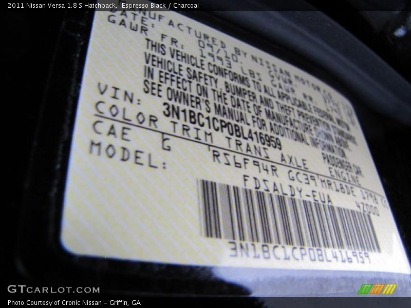 Espresso Black / Charcoal 2011 Nissan Versa 1.8 S Hatchback