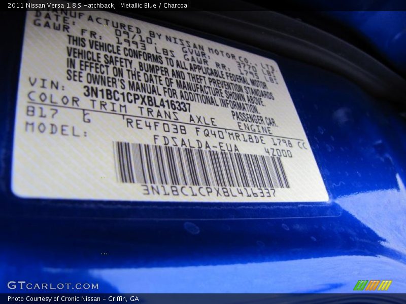 Metallic Blue / Charcoal 2011 Nissan Versa 1.8 S Hatchback