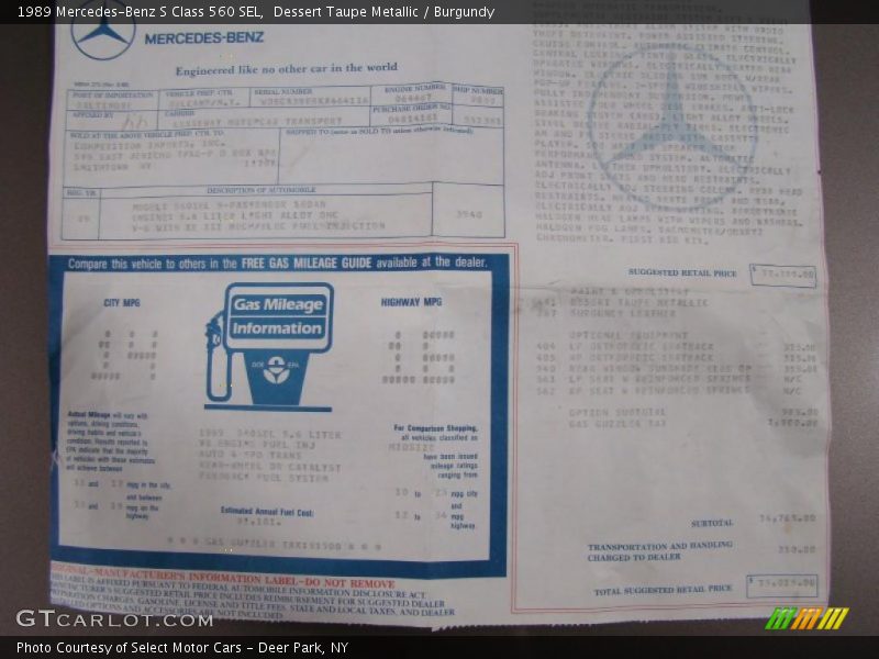  1989 S Class 560 SEL Window Sticker