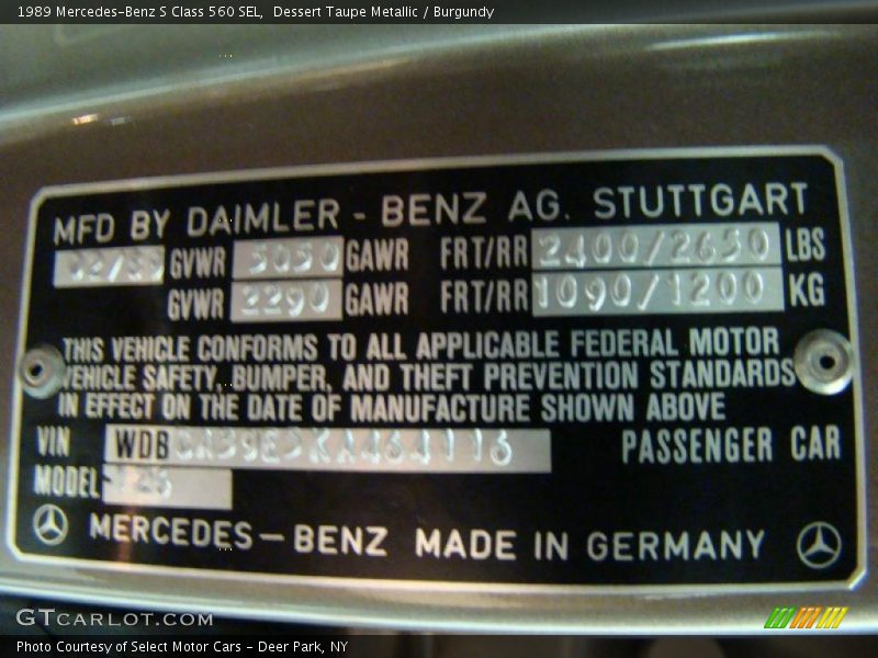Info Tag of 1989 S Class 560 SEL