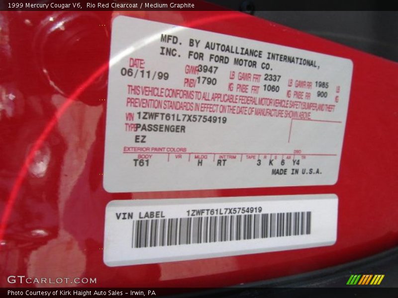 Rio Red Clearcoat / Medium Graphite 1999 Mercury Cougar V6