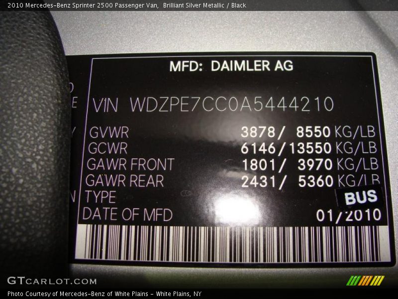 Info Tag of 2010 Sprinter 2500 Passenger Van
