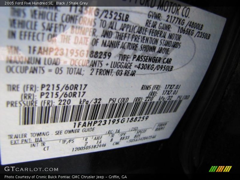 2005 Five Hundred SE Black Color Code UA
