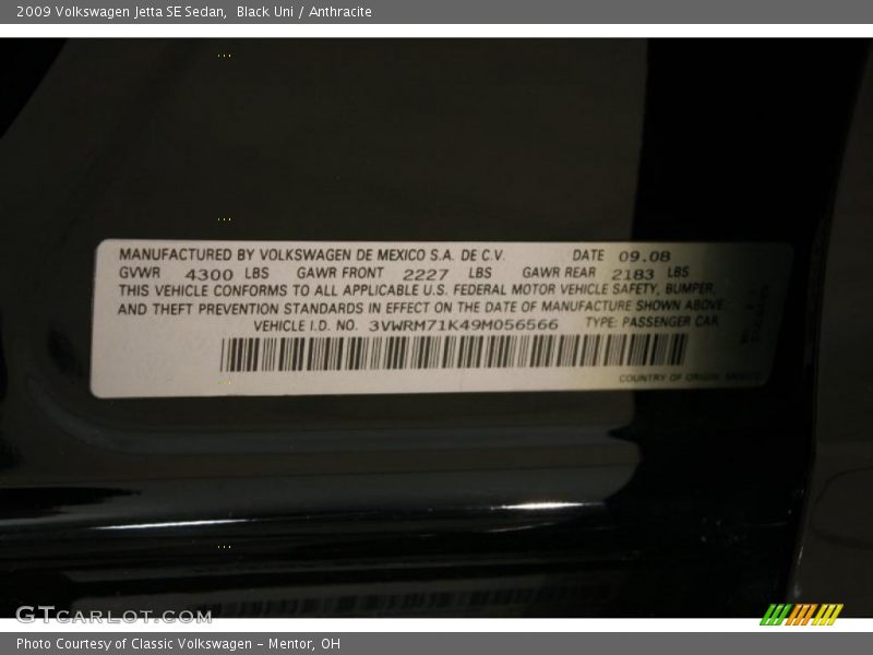 Black Uni / Anthracite 2009 Volkswagen Jetta SE Sedan