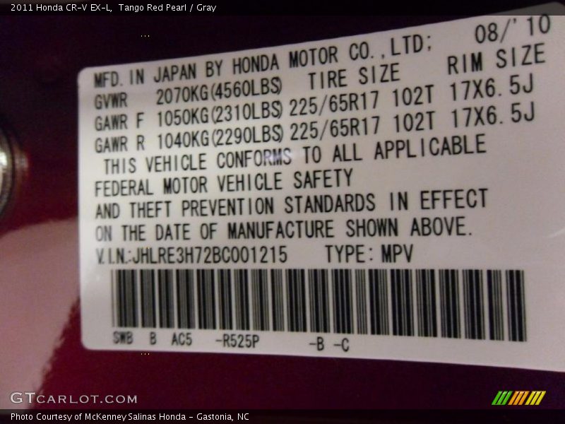 2011 CR-V EX-L Tango Red Pearl Color Code R525P