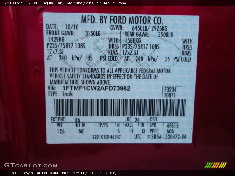 Red Candy Metallic / Medium Stone 2010 Ford F150 XLT Regular Cab