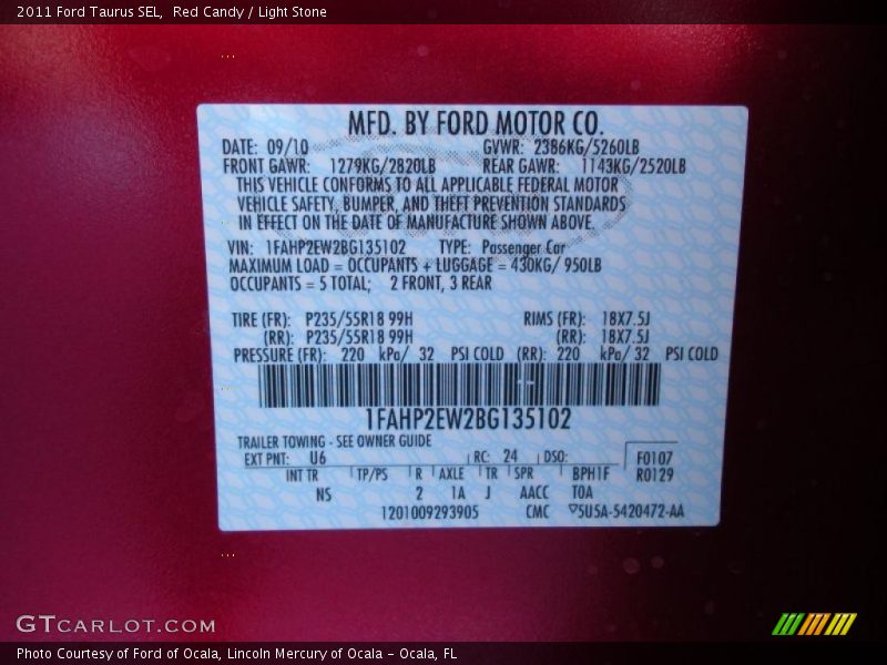 Red Candy / Light Stone 2011 Ford Taurus SEL