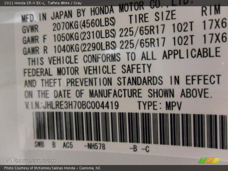 2011 CR-V EX-L Taffeta White Color Code NH578