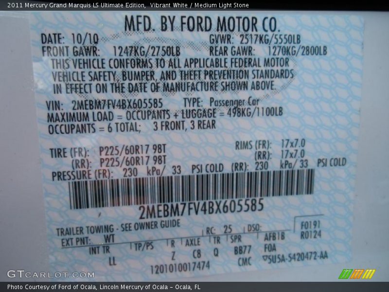 Vibrant White / Medium Light Stone 2011 Mercury Grand Marquis LS Ultimate Edition