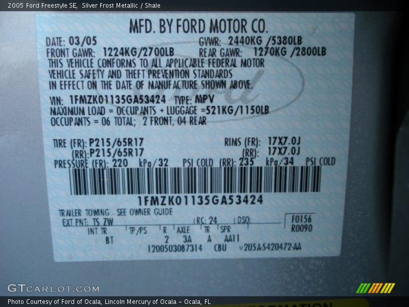 2005 Freestyle SE Silver Frost Metallic Color Code TS