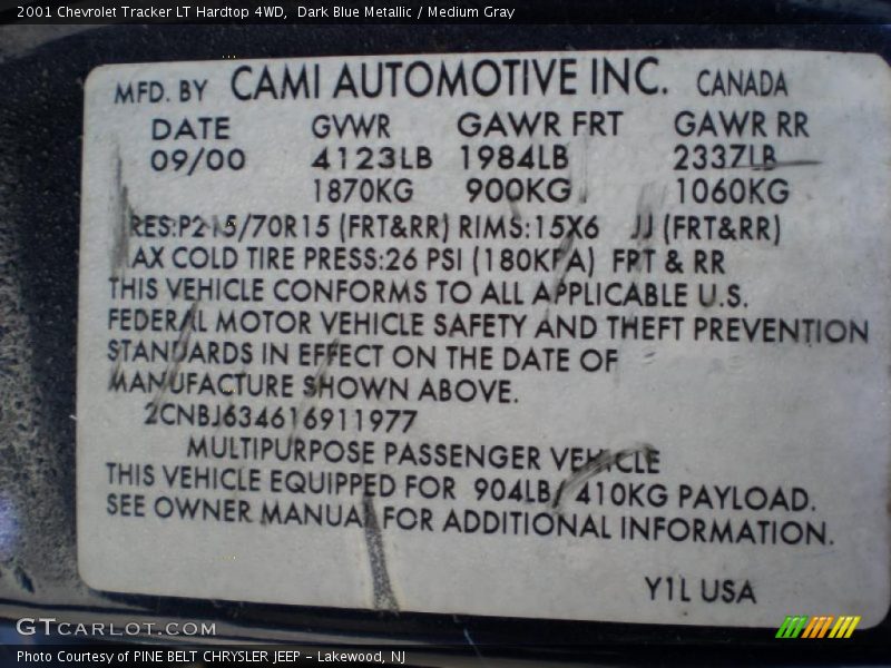 Info Tag of 2001 Tracker LT Hardtop 4WD