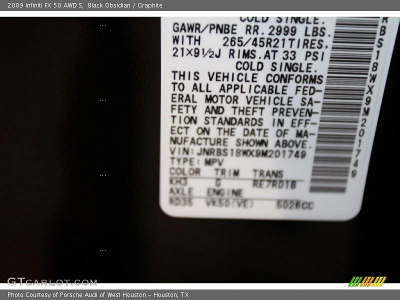 2009 FX 50 AWD S Black Obsidian Color Code KH3