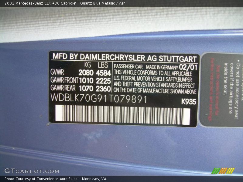 2001 CLK 430 Cabriolet Quartz Blue Metallic Color Code 935