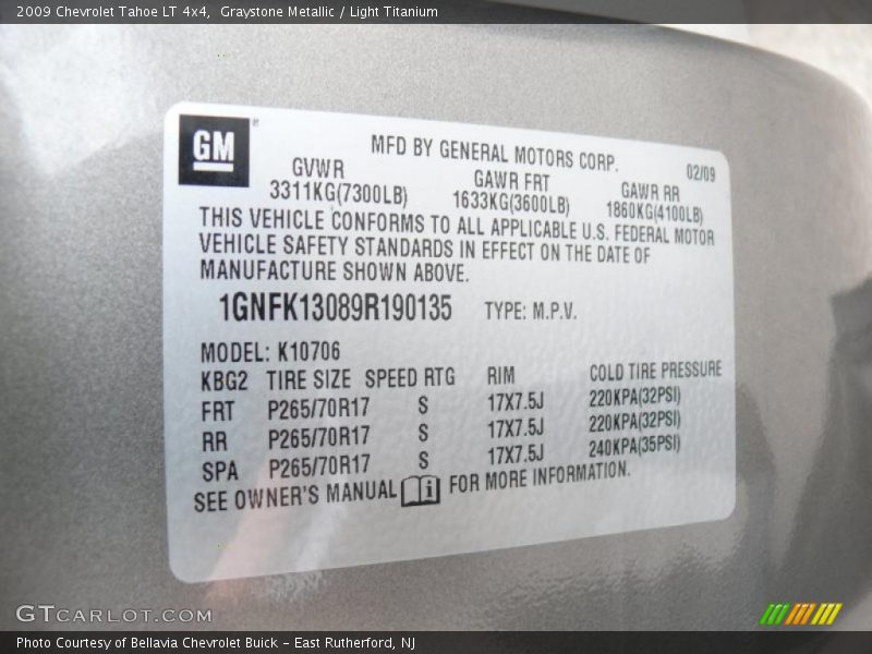 Info Tag of 2009 Tahoe LT 4x4