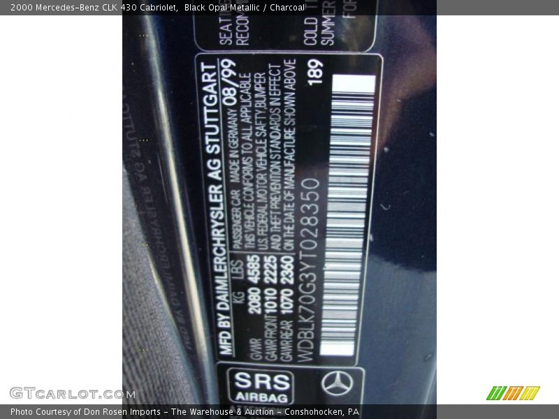 2000 CLK 430 Cabriolet Black Opal Metallic Color Code 189