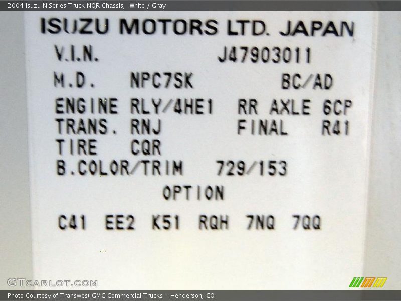 2004 N Series Truck NQR Chassis White Color Code 729