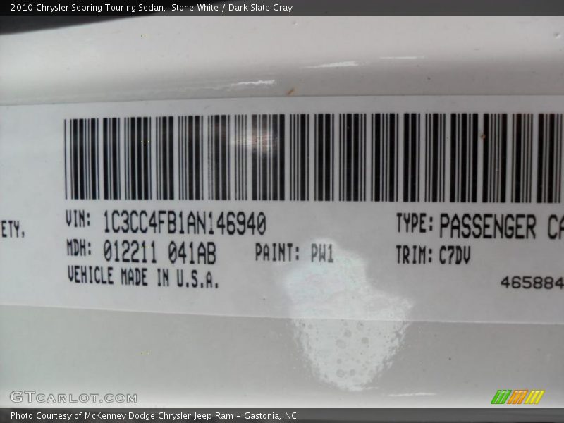 Stone White / Dark Slate Gray 2010 Chrysler Sebring Touring Sedan
