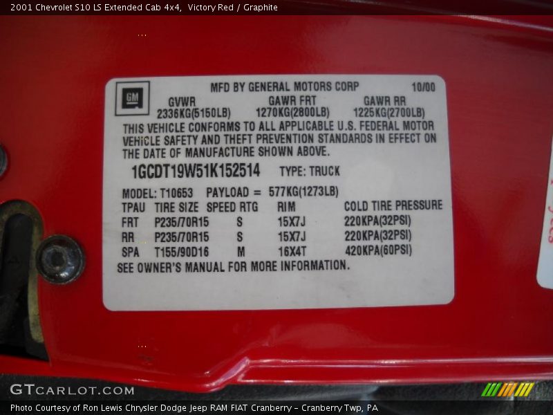 Info Tag of 2001 S10 LS Extended Cab 4x4