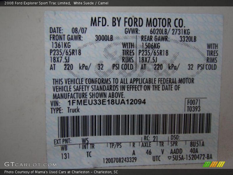 2008 Explorer Sport Trac Limited White Suede Color Code WS