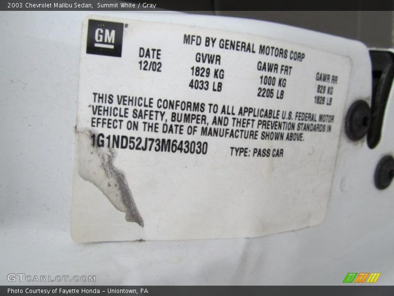 Summit White / Gray 2003 Chevrolet Malibu Sedan