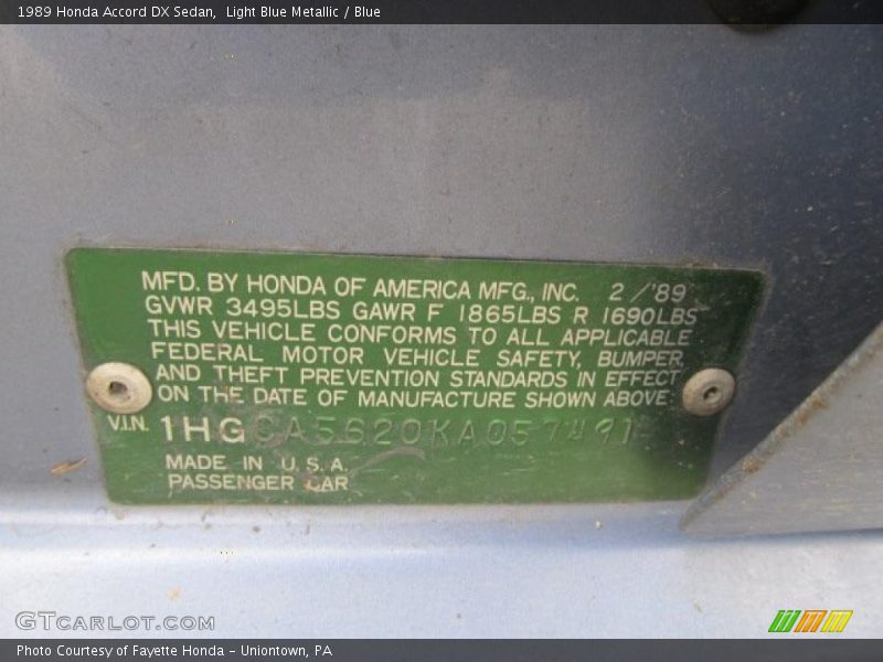Info Tag of 1989 Accord DX Sedan