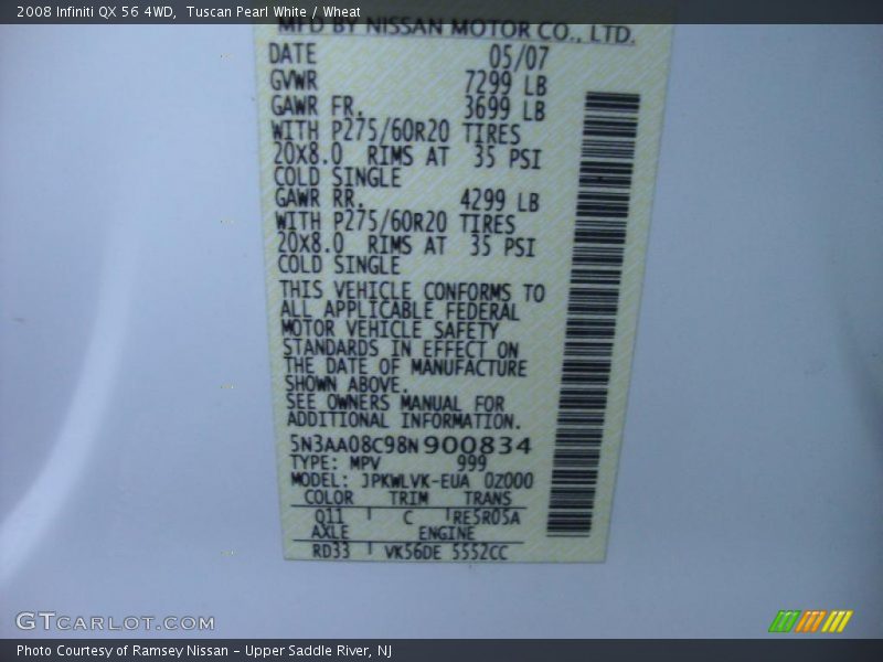 Tuscan Pearl White / Wheat 2008 Infiniti QX 56 4WD
