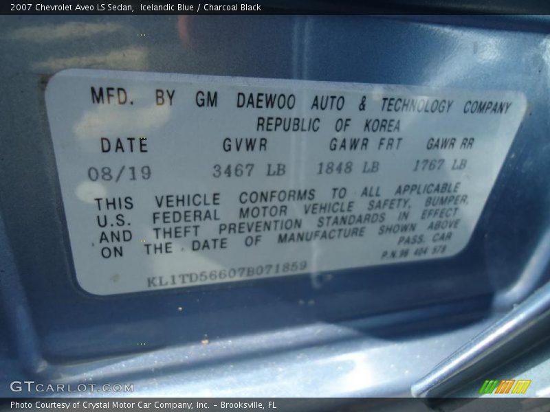 Info Tag of 2007 Aveo LS Sedan