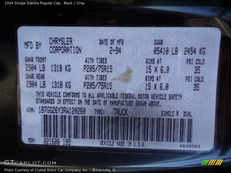 Black / Gray 1994 Dodge Dakota Regular Cab