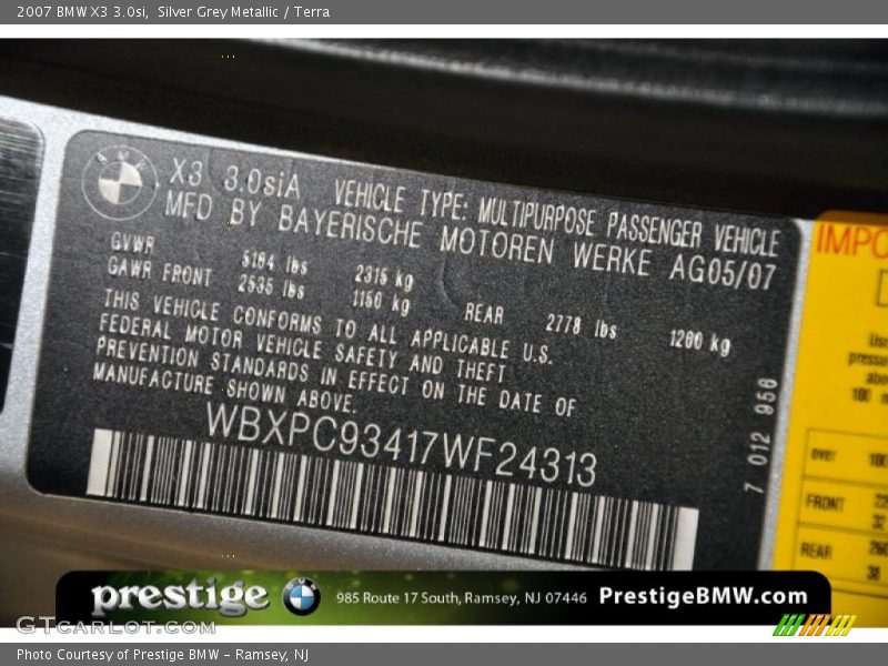 Silver Grey Metallic / Terra 2007 BMW X3 3.0si
