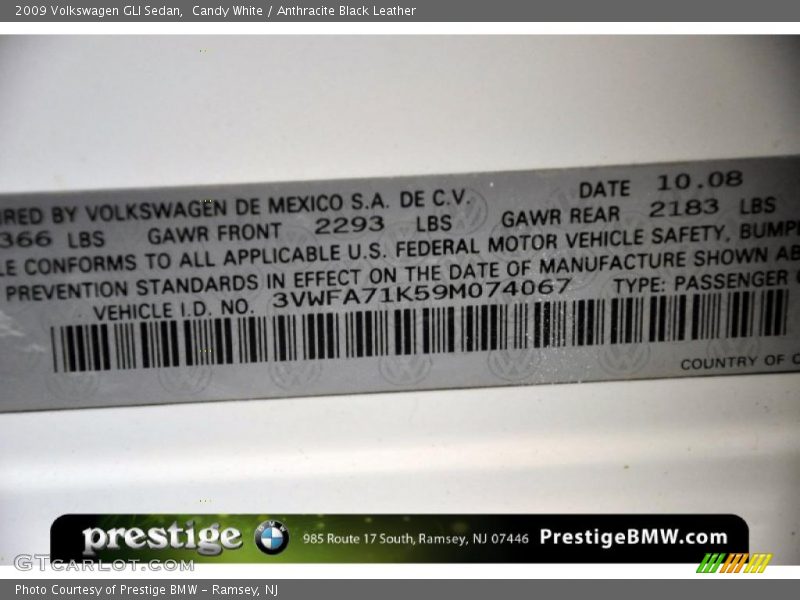 Candy White / Anthracite Black Leather 2009 Volkswagen GLI Sedan