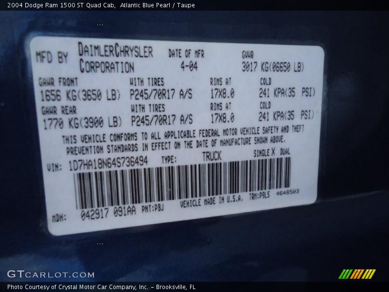 Atlantic Blue Pearl / Taupe 2004 Dodge Ram 1500 ST Quad Cab