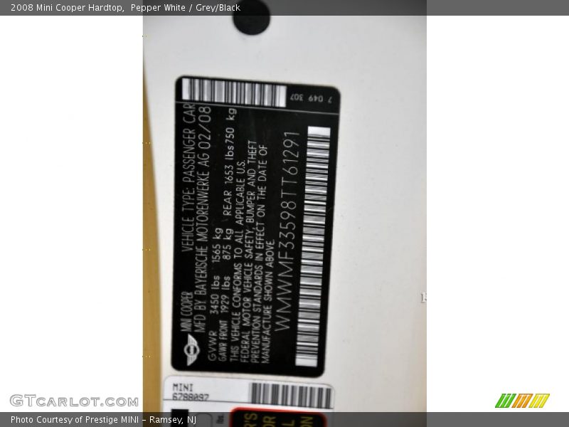 Pepper White / Grey/Black 2008 Mini Cooper Hardtop