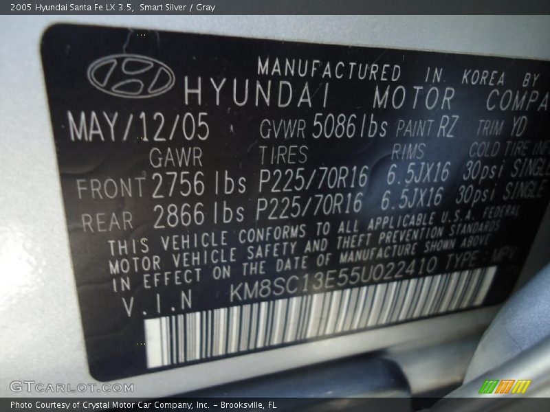 2005 Santa Fe LX 3.5 Smart Silver Color Code RZ