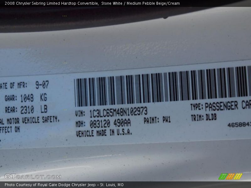 Info Tag of 2008 Sebring Limited Hardtop Convertible