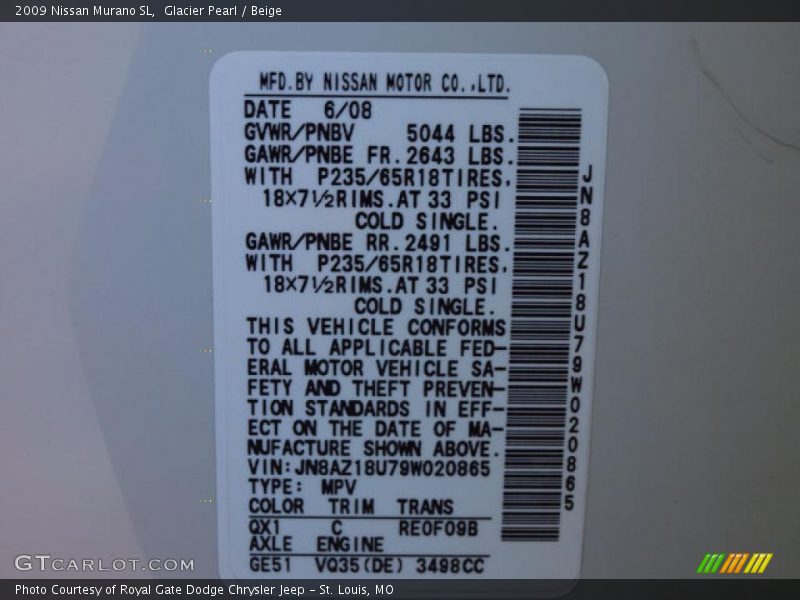 Glacier Pearl / Beige 2009 Nissan Murano SL