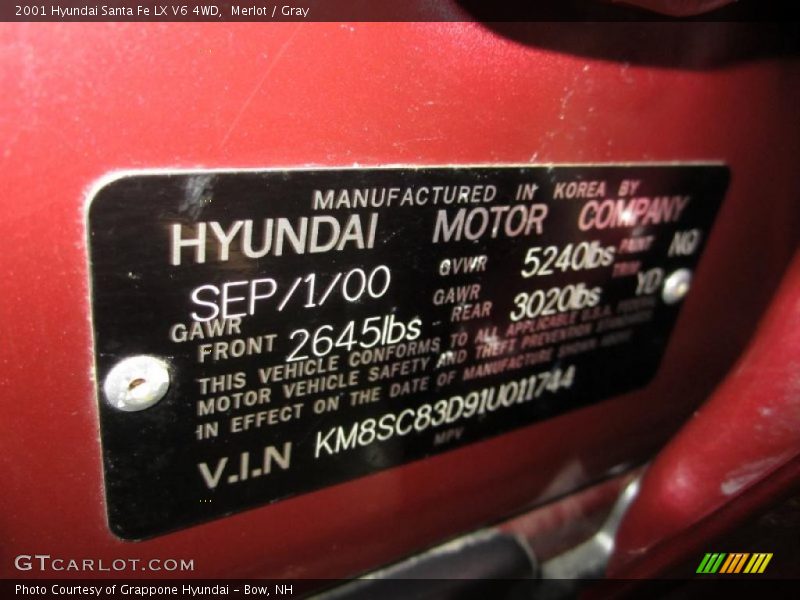 2001 Santa Fe LX V6 4WD Merlot Color Code NQ