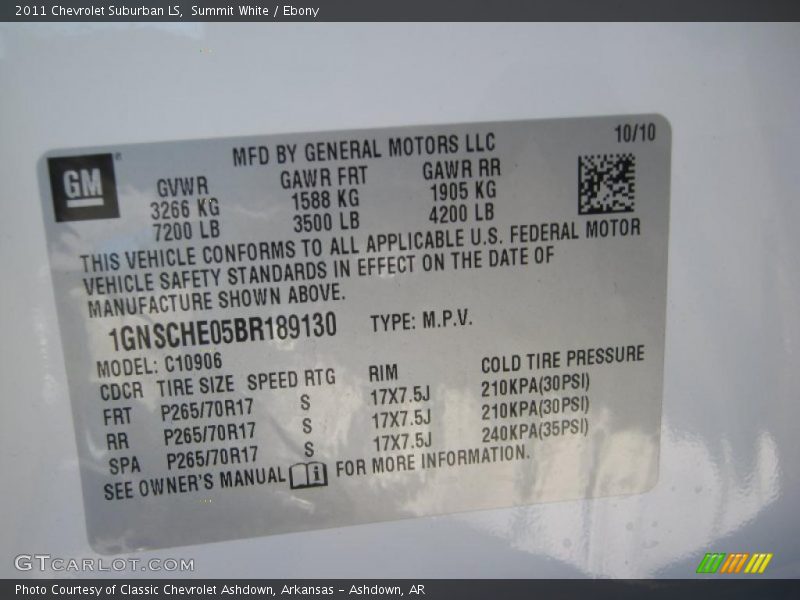 Info Tag of 2011 Suburban LS