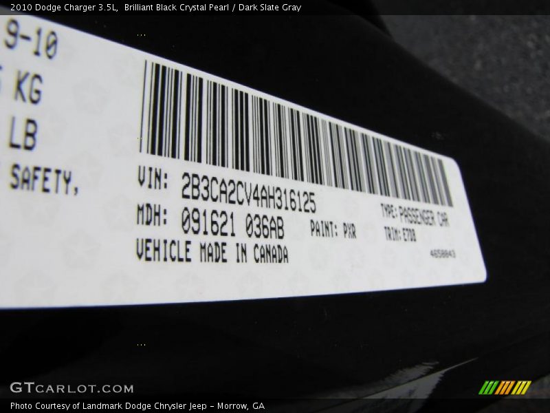 Brilliant Black Crystal Pearl / Dark Slate Gray 2010 Dodge Charger 3.5L