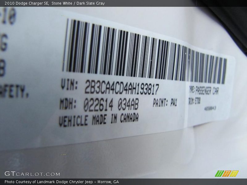 Stone White / Dark Slate Gray 2010 Dodge Charger SE