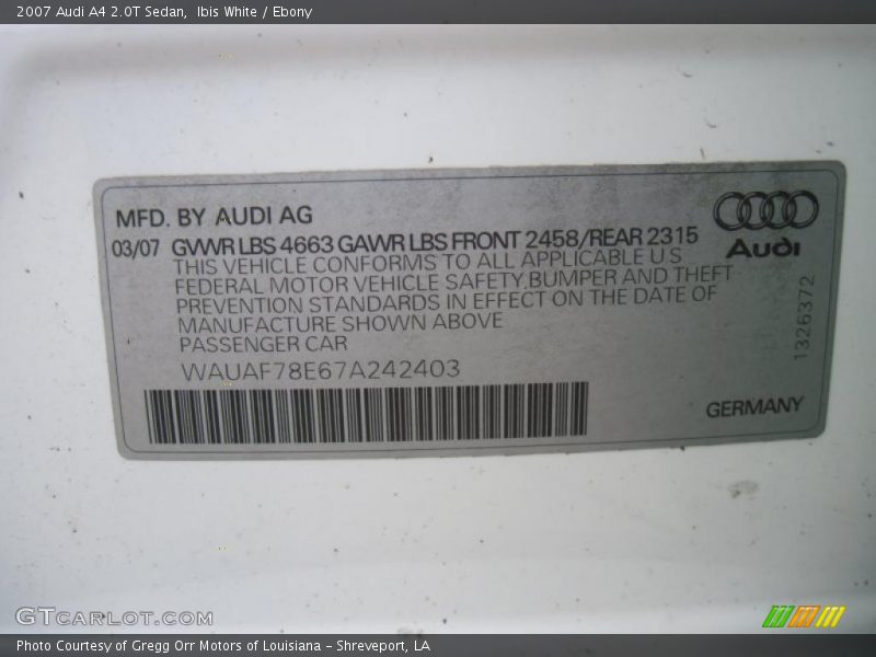 Ibis White / Ebony 2007 Audi A4 2.0T Sedan
