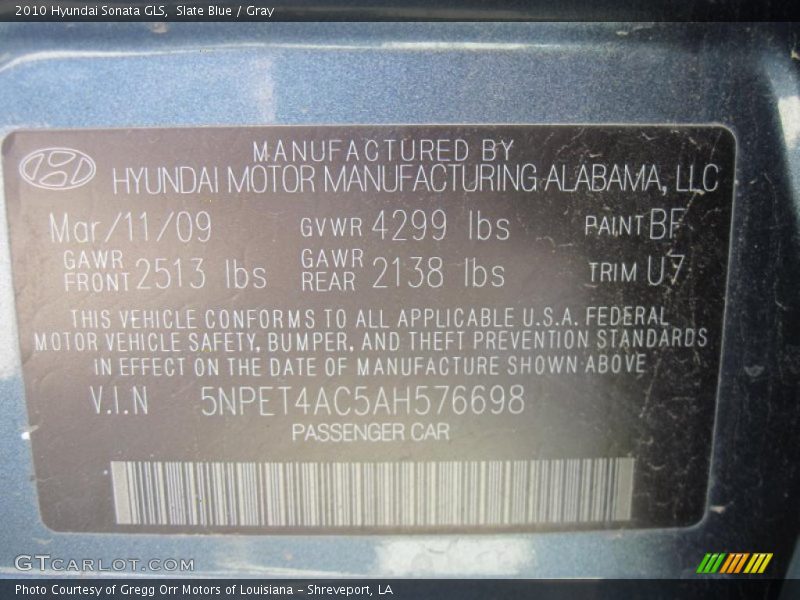 Slate Blue / Gray 2010 Hyundai Sonata GLS