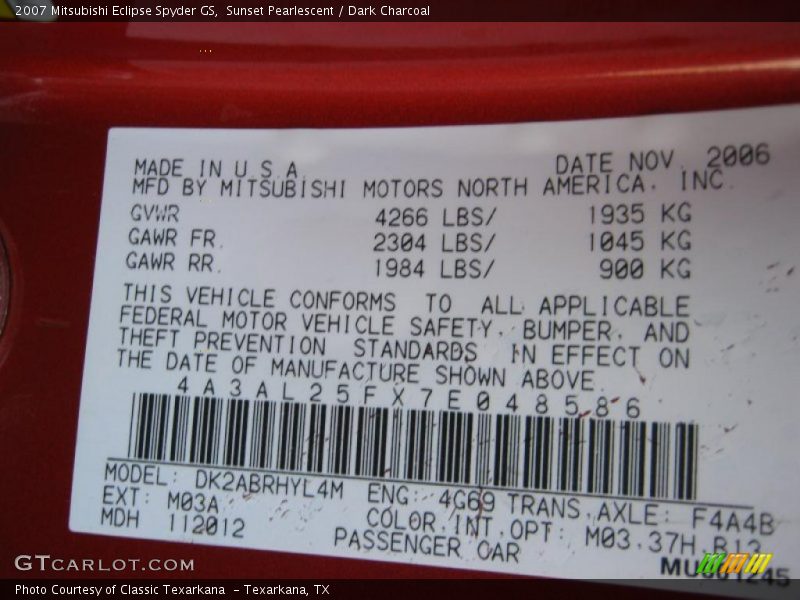 2007 Eclipse Spyder GS Sunset Pearlescent Color Code M03