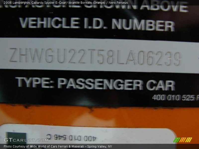 Info Tag of 2008 Gallardo Spyder E-Gear