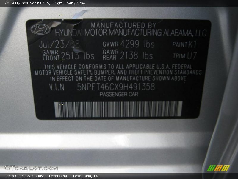 Bright Silver / Gray 2009 Hyundai Sonata GLS