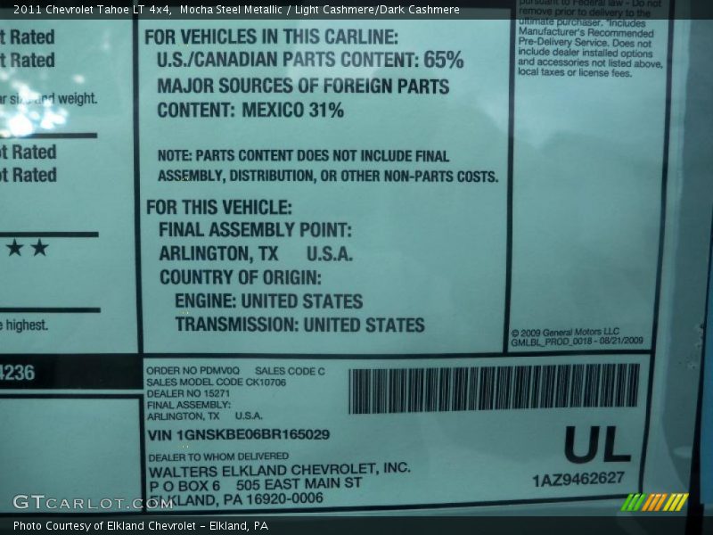  2011 Tahoe LT 4x4 Window Sticker