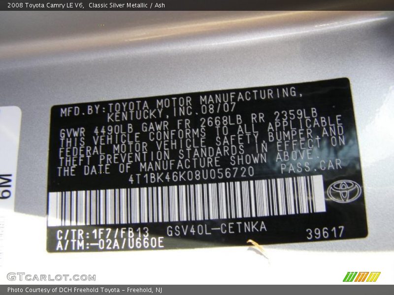 Classic Silver Metallic / Ash 2008 Toyota Camry LE V6