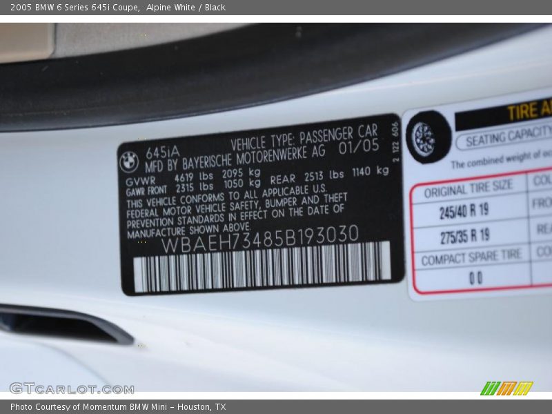 Alpine White / Black 2005 BMW 6 Series 645i Coupe